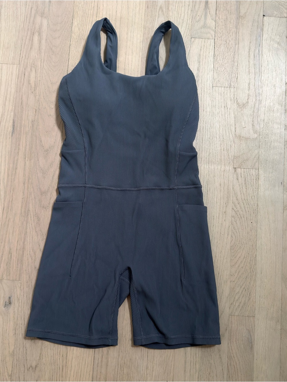 Athleta Ribbed Sleeveless Short Jumpsuit in Charcoal Salutation Rib Bike Suit M